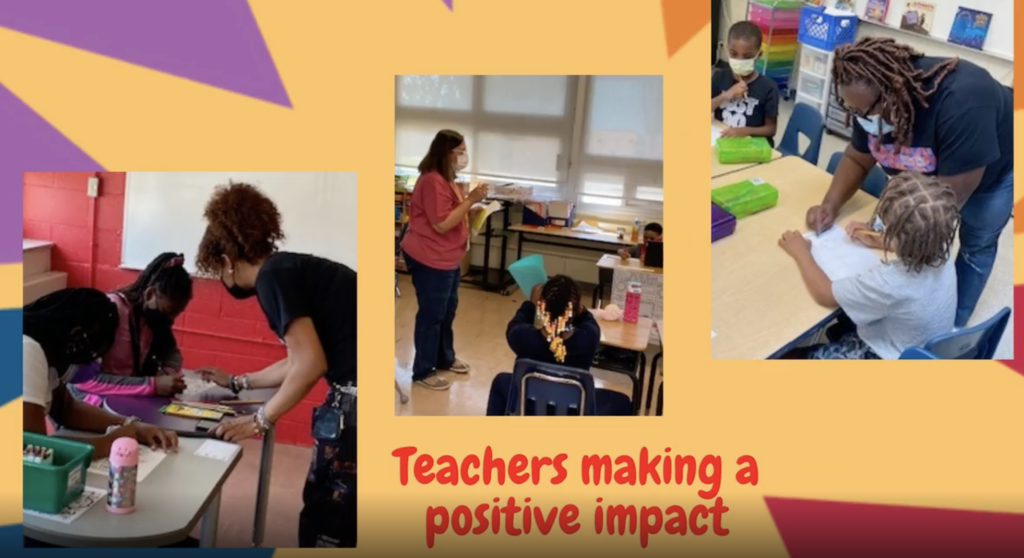 Three photos of teachers helping students