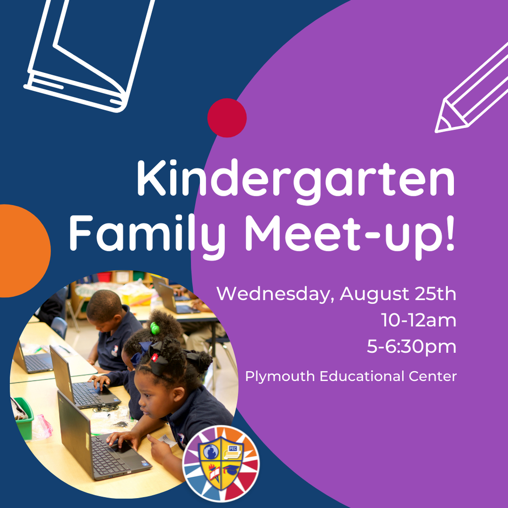 Kindergarten Family Meet Up Graphic, photo of children on laptops